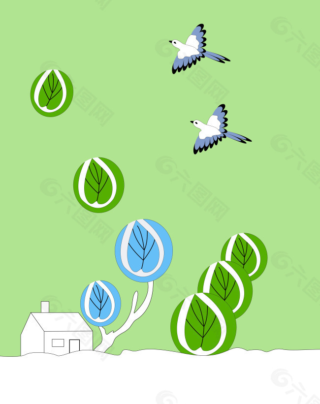 房子小鸟叶子绿色移门图片