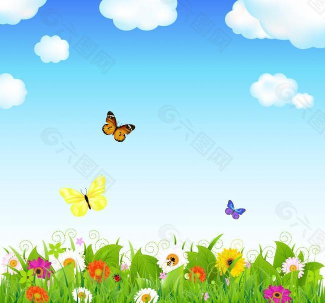 绿草鲜花蝴蝶 春天背景图片