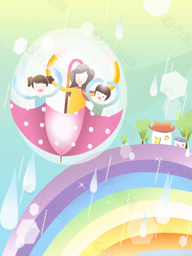 卡通男孩女孩彩虹雨伞房子绿树