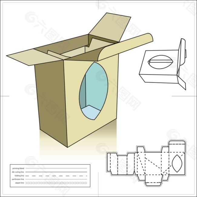 可内视细节包装盒子展开图和盒形矢量图