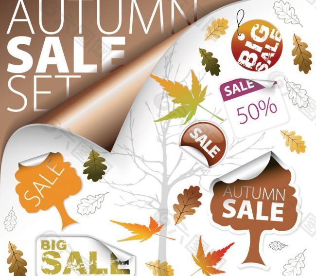 秋季销售标签矢量图标 枫叶 树叶标签图片