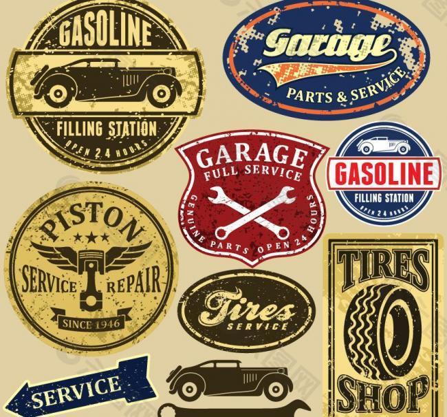 老式汽车标签和标志矢量图片