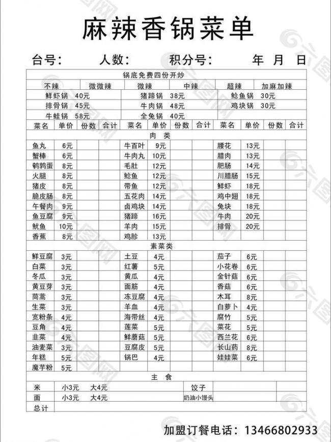 麻辣香锅菜单图片