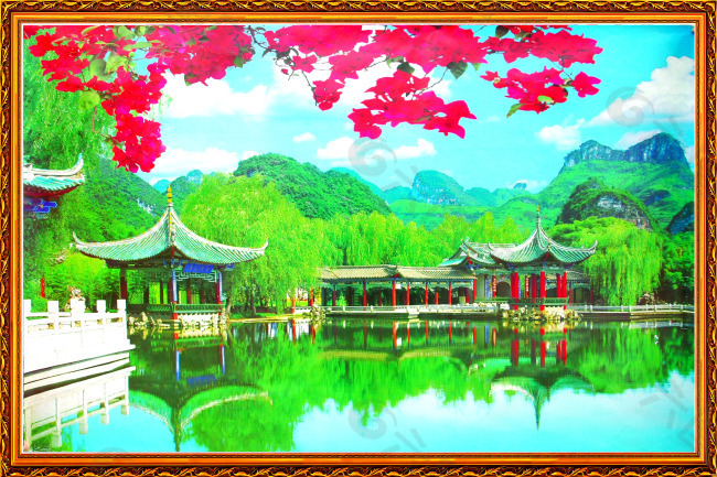 中式建筑自然风景中堂画