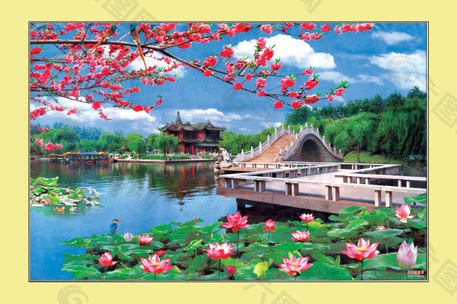 西湖风景阳春三月中堂画