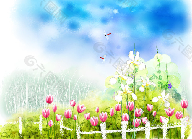 春色满园彩绘风景PSD分层模板