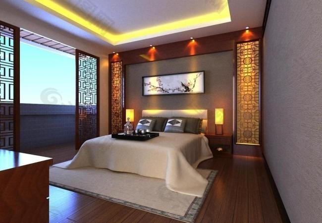 中式现代卧室效果图图片