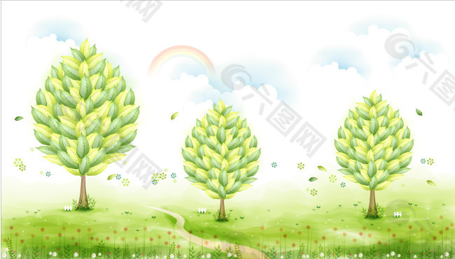 三棵小树绿色风景插画矢量图