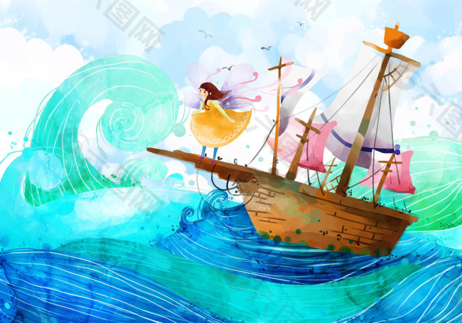 女孩与海面上的船插画