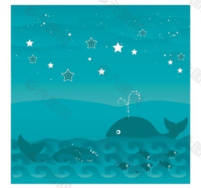 可爱的海洋之夜 鲸鱼 星星图片