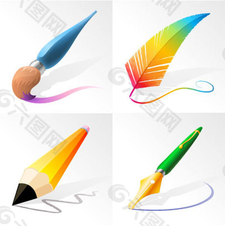 铅笔、羽毛笔、毛笔、钢笔矢量素材