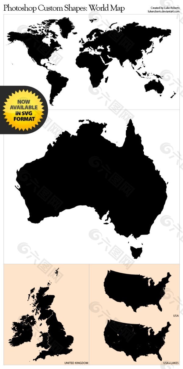 世界地图，美国，澳大利亚，英国PS自定义形状