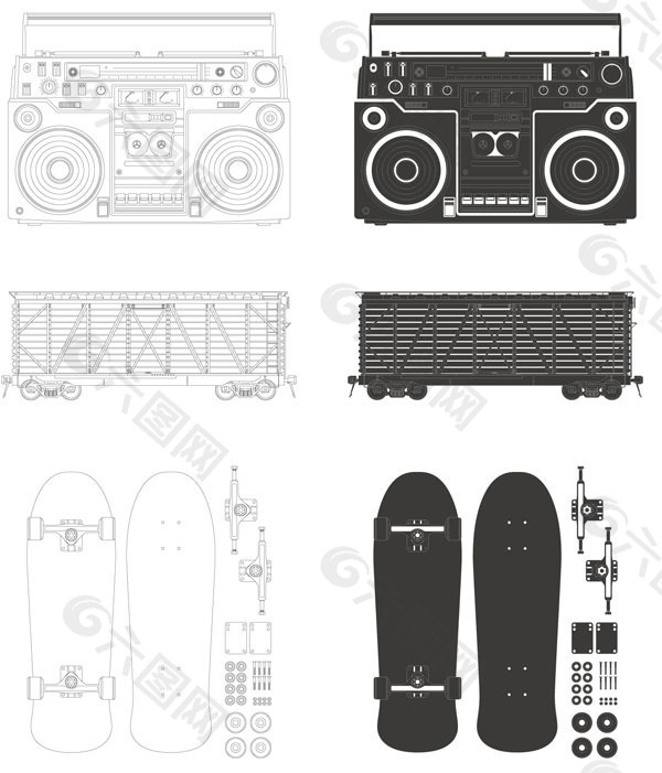收音机-货柜-滑板矢量素材