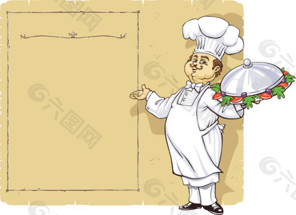 手绘卡通厨师端菜矢量图