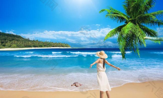 夏日海滩美女椰树图片