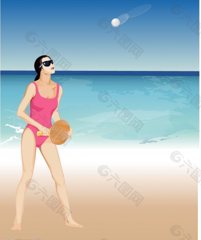 海滩打球的女孩图片