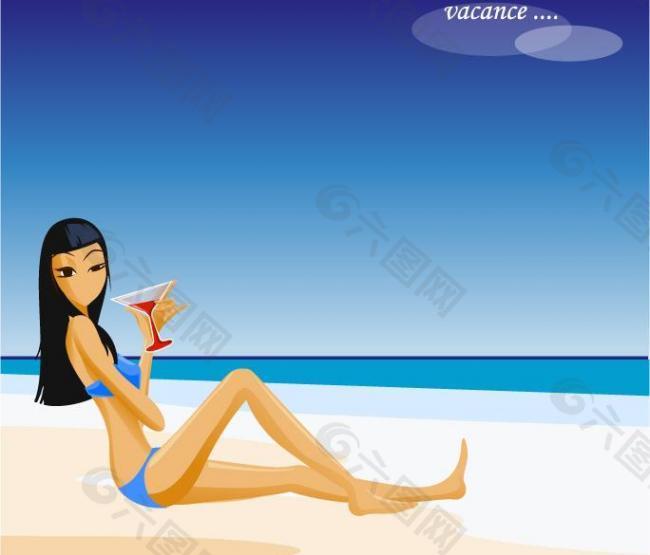 夏日海滩休闲的女郎图片