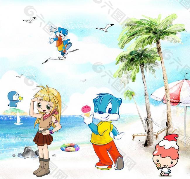 海滩椰树 蓝猫卡通形象海报设计图片