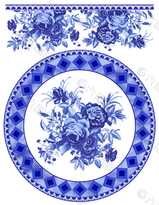 蓝色牡丹花青花瓷图案