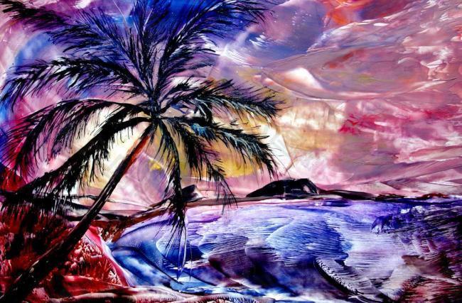 油画 海滩椰树图片