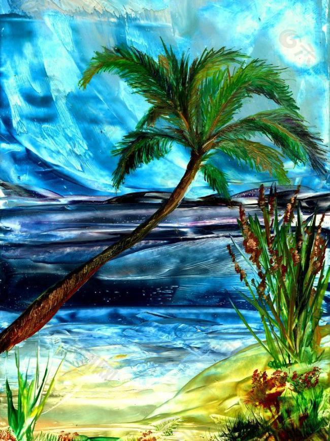 油画 海岸椰树图片
