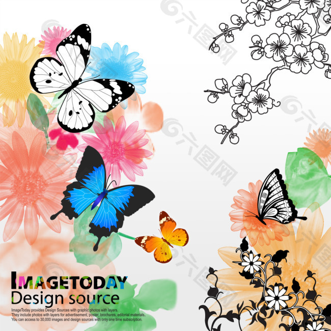 水粉蝴蝶和花朵PSD素材
