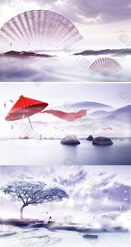 唯美古风中国纸扇红色油纸伞