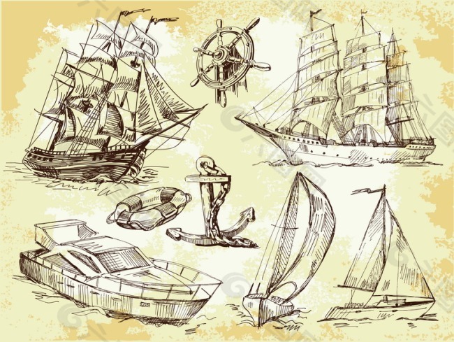 复古线描海盗船帆船素材