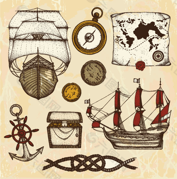 复古海盗船 指南针地图珠宝箱矢量素材