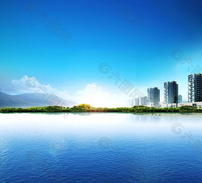 蓝天白云湖水湖景图片