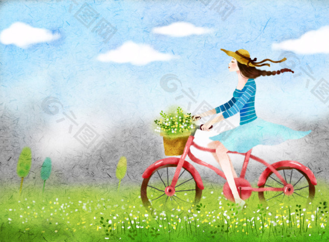 春天骑单车美女插画设计素材