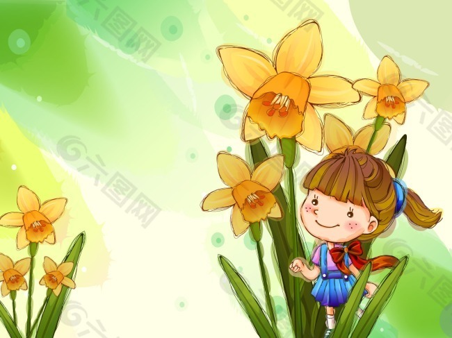 童年卡通插画花丛中的小女孩