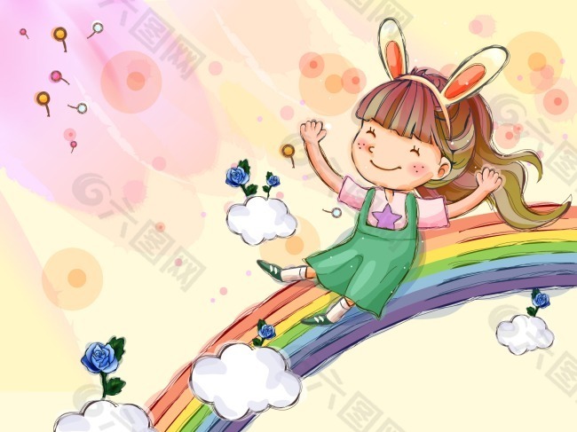 童年卡通插画彩虹上的快乐