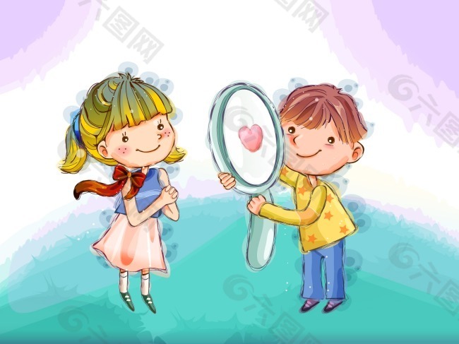 童年卡通插画情侣甜蜜照镜子