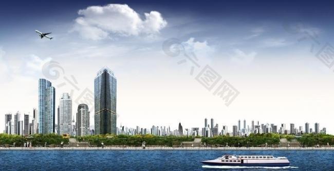 海天一色 现代城市 楼房 海边 建筑 客船图片
