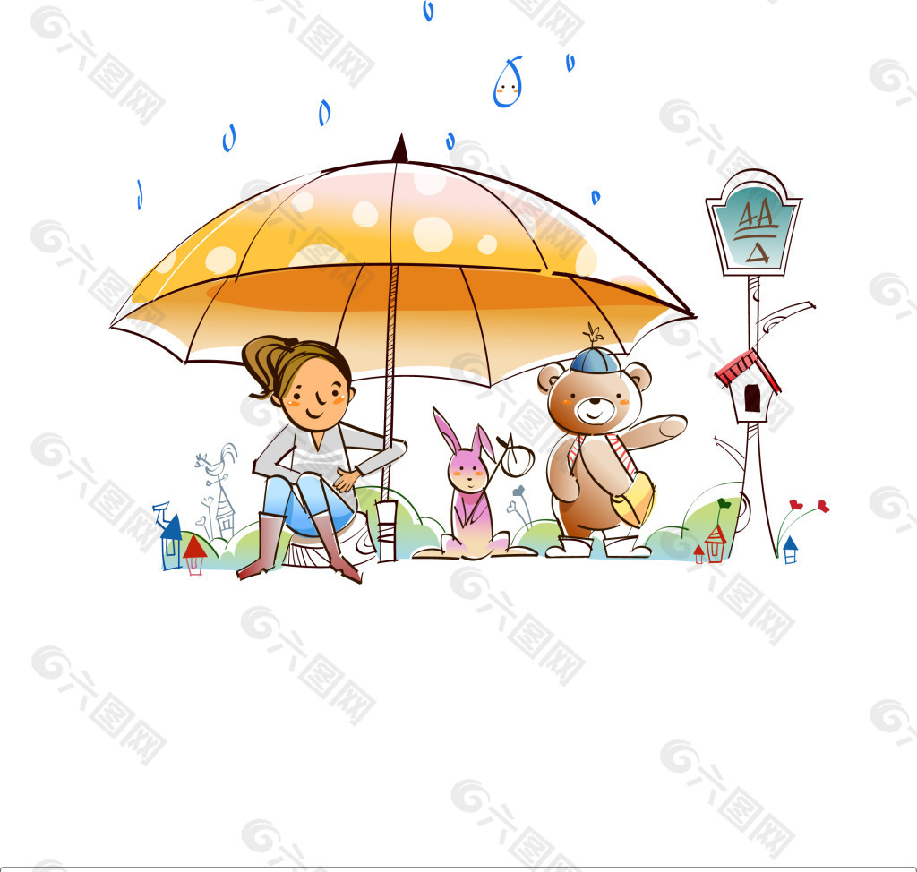 雨伞下的小女孩矢量插画高清ai源文件下载