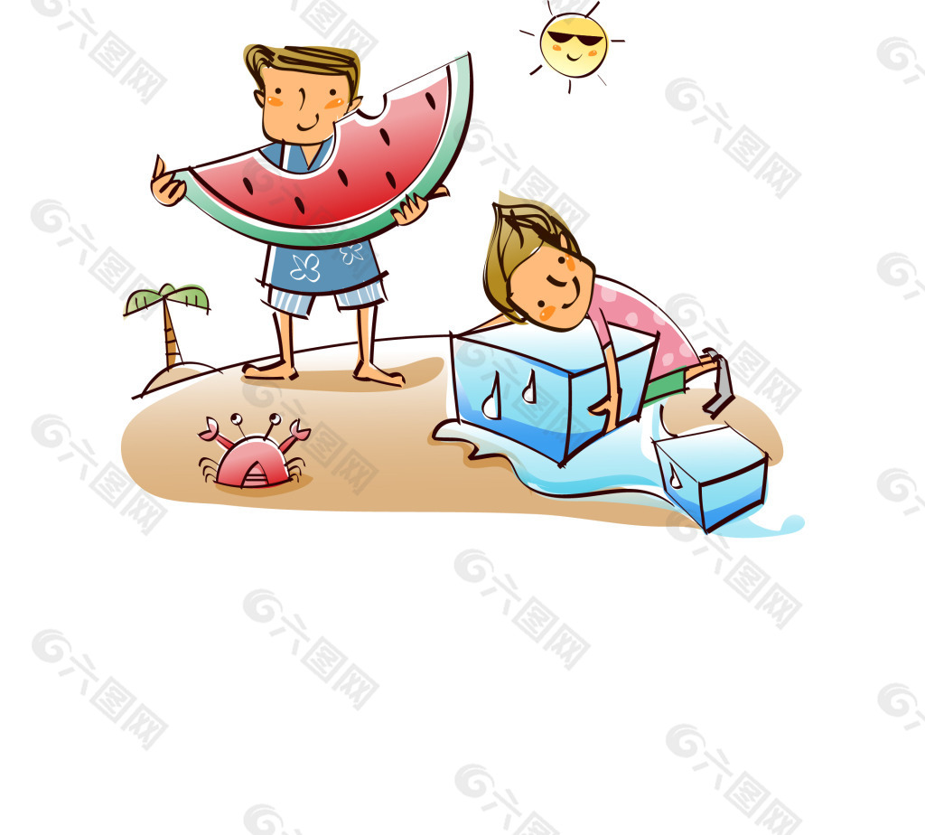 高清矢量插画夏日吃西瓜的小孩矢量高清下载