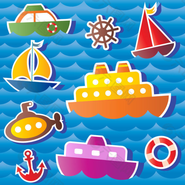 各类海上帆船潜艇贴纸风格矢量卡通素材