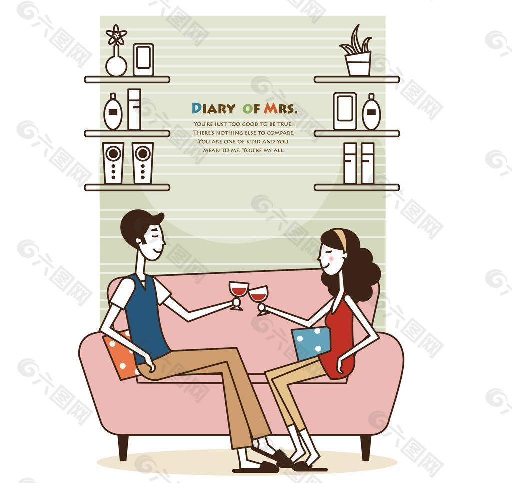 在沙发上喝红酒的夫妻图片