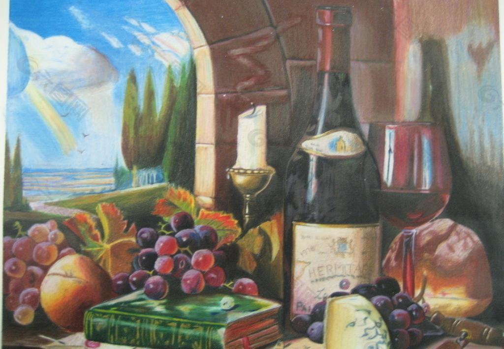 葡萄红酒水彩画图片