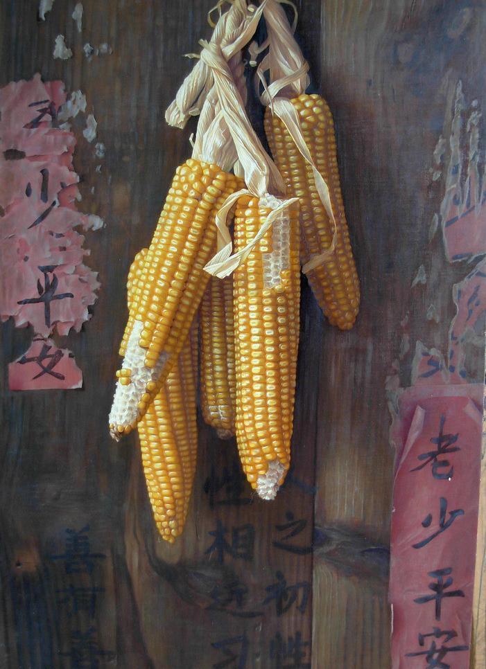 玉米挂在墙上的图画图片