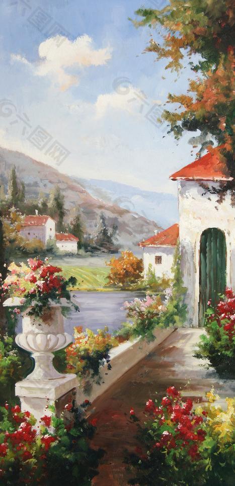 地中海花园景油画图片