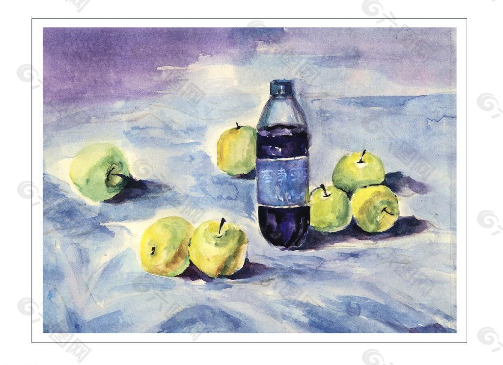 原创水彩画苹果和可乐图片