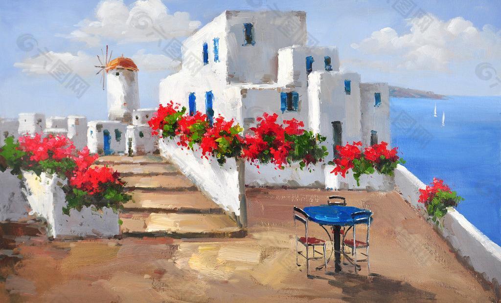 希腊风景手绘油画图片