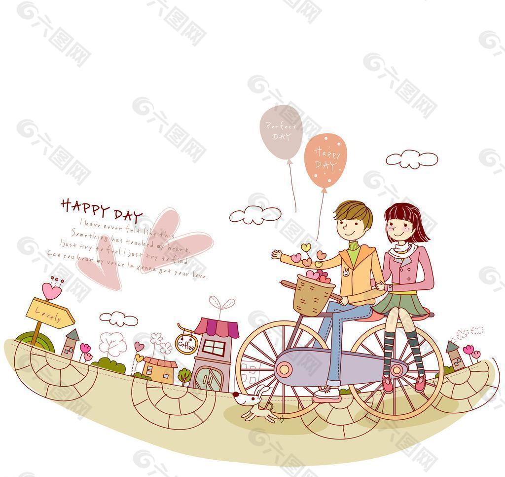 一对热恋的情侣骑着单车挂着爱心的气球爱意满满情意绵绵高清PNG素材