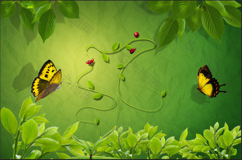 绿色花园和蝴蝶PSD分层素材