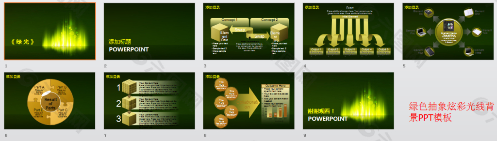 绿色抽象炫彩光线背景PPT模板