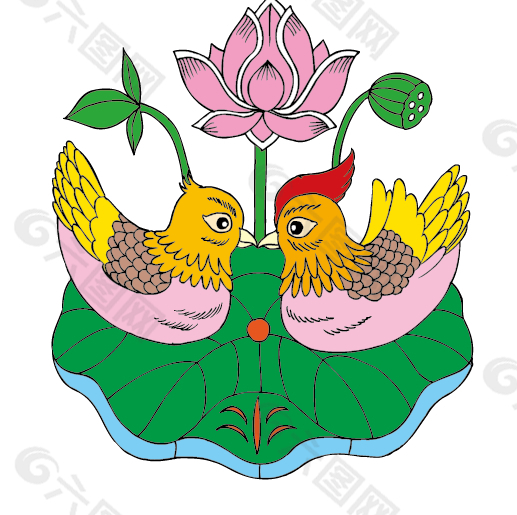 鸟儿荷花莲子矢量图