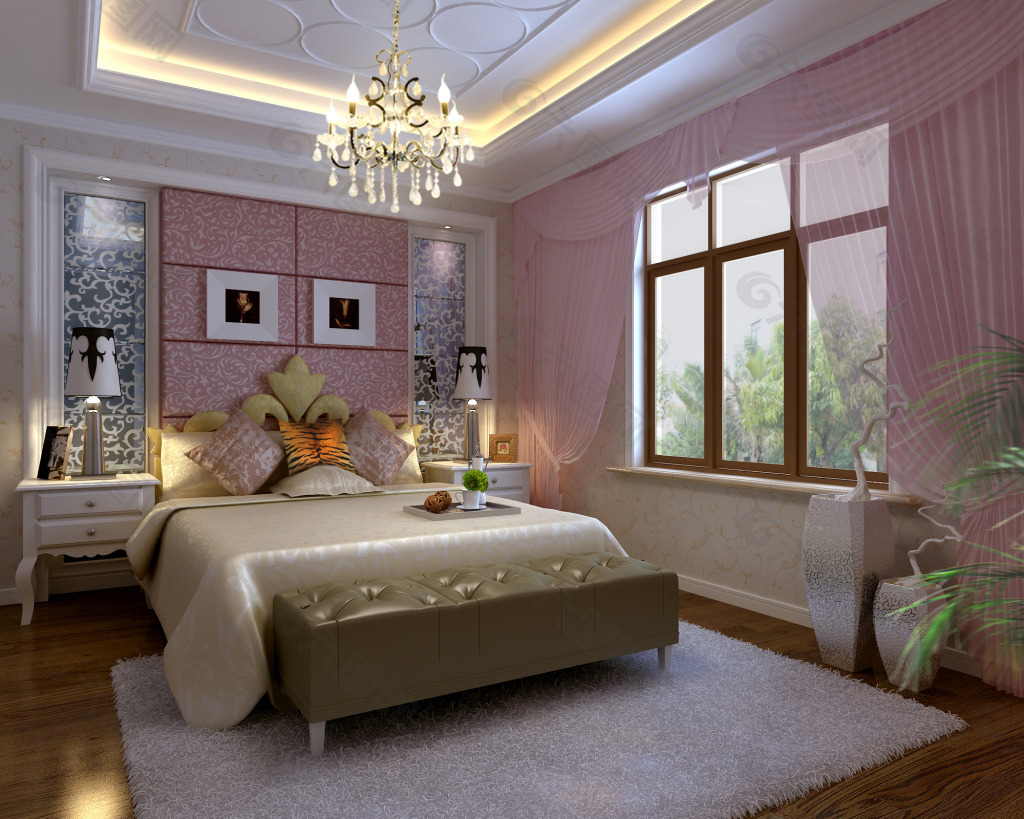 120平新房卧室粉色背景墙装修设计图_装信通网效果图