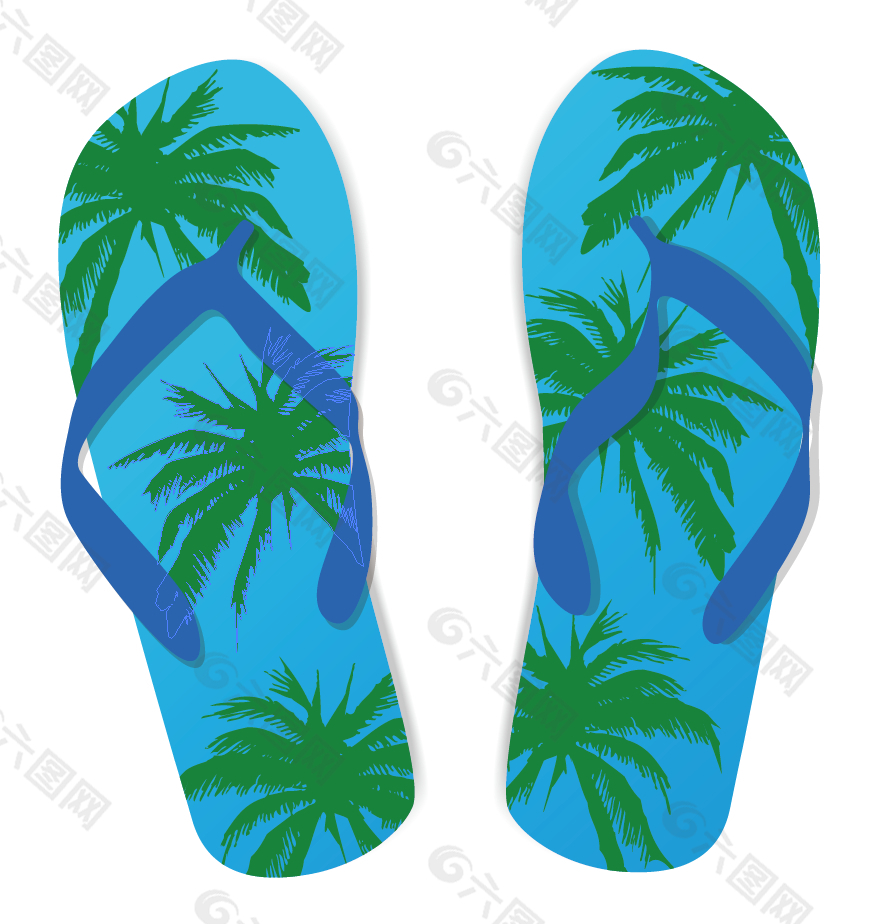 蓝色椰树款矢量外贸夹板拖鞋
